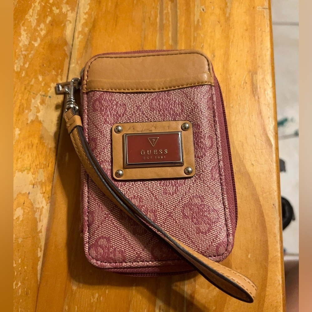 Guess Pink and Tan Logo Removable Leather Wristlet